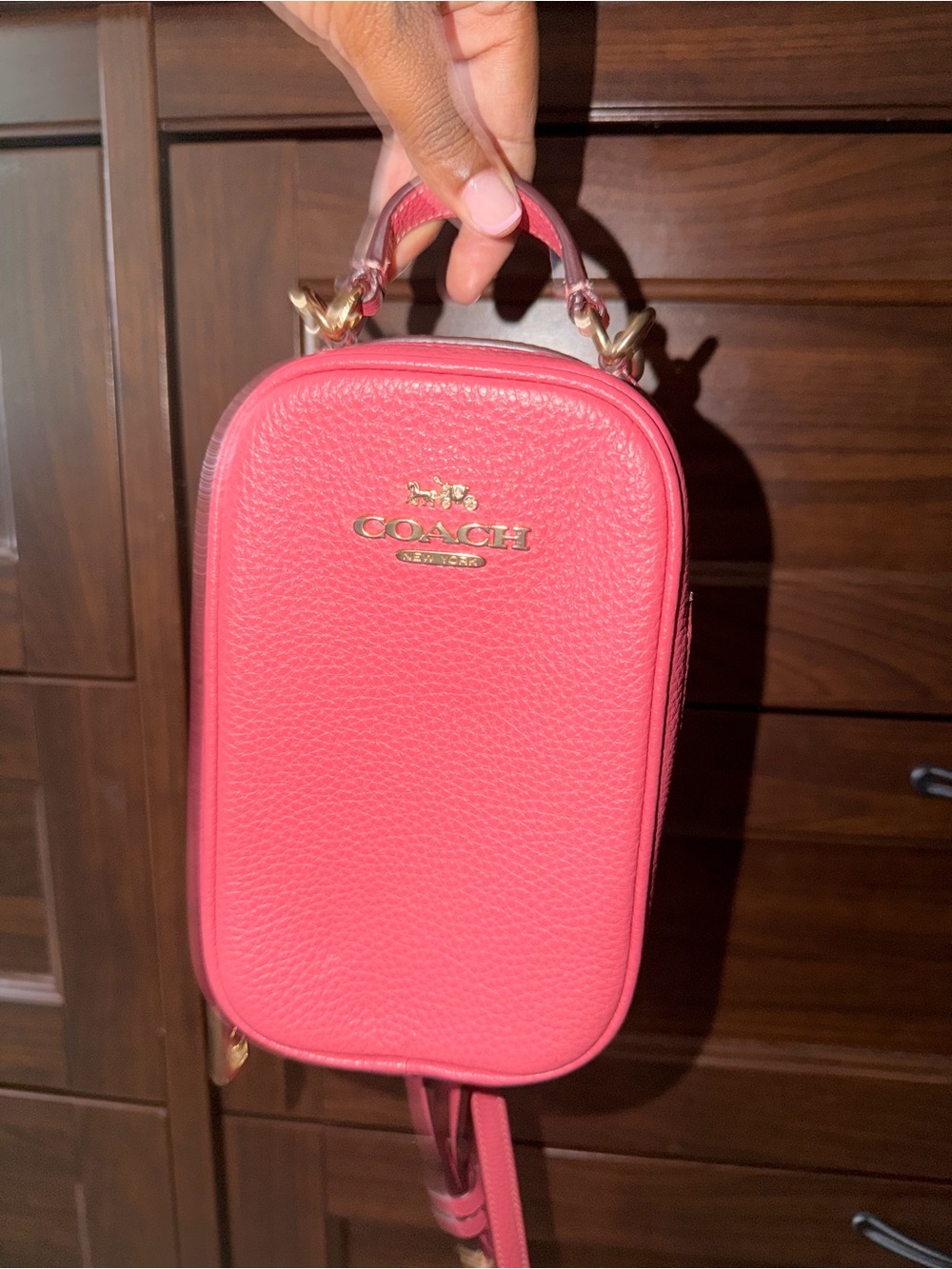 Coach Coral Pink Pebbled Leather Mini Crossbody with Gold Hardware